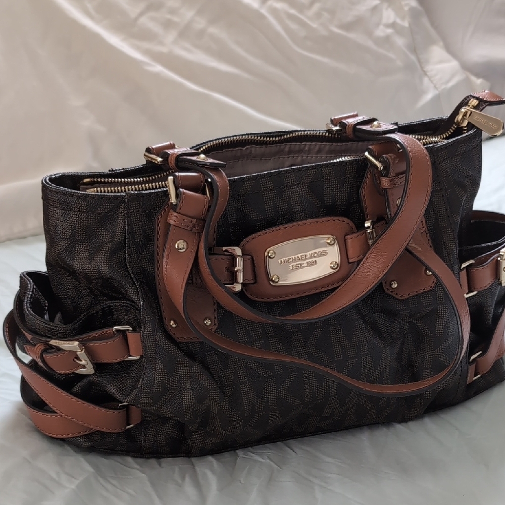 Michael Kors Black and Brown Satchel with Leather Trim
